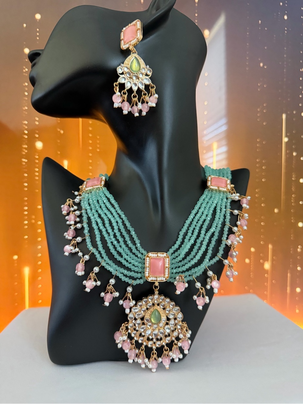 Elegant Green and Pink Beaded Statement Necklace Set